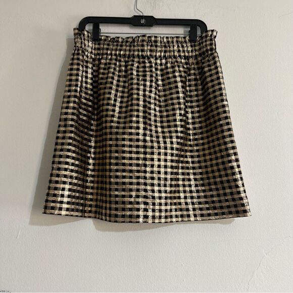 J. Crew Factory Metallic Gingham Pull-on Mini Skirt Black Gold Lurex Size Medium - Picture 2 of 8